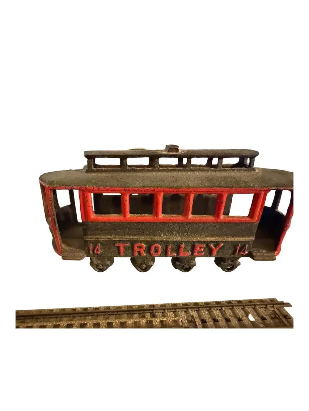Vintage Cast Iron Toy Train and Trolley Set with Tracks